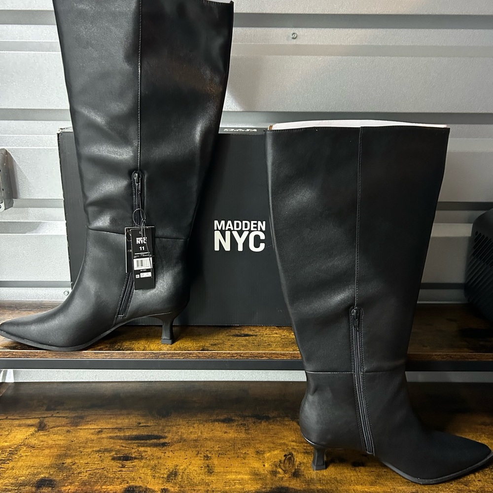 Madden NYC Womens Faux Leather Knee High Boots Kitten Heels Black